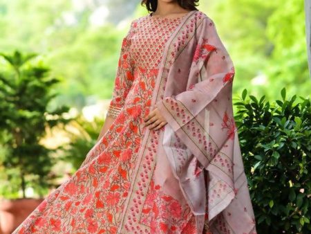 Yufta Women Red Floral Yoke Design Regular Aari Work Pure Cotton Kurta with Trouser & With Dupatta Online