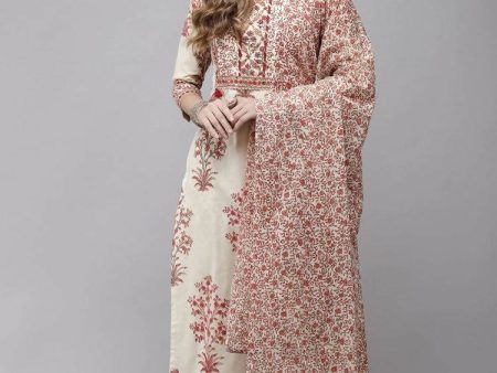 Yufta Women Off White printed Kurta with Trouser & With Dupatta For Sale