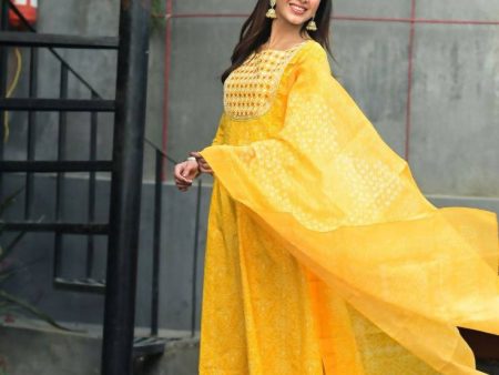 Yufta Women Mustard Handblock Printed Kurta with Trouser & Dupatta Online