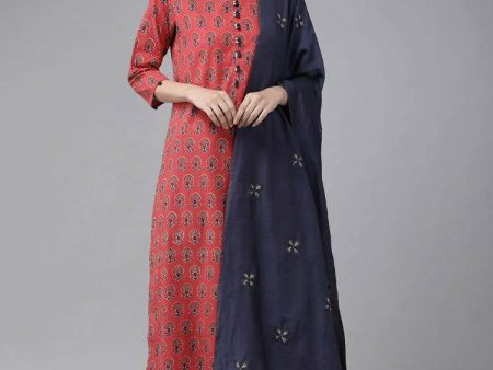 Yufta Women Red Pure Cotton Handblock Print Kurta with Trouser & Dupatta For Discount