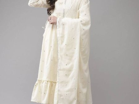 Yufta Women Cream-Embroidered Pure Cotton A-line Kurta with Trouser and Dupatta Online now