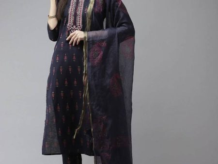 Yufta Women Navy Blue Ethnic Motifs Printed Regular Thread Work Kurta with Palazzo & With Dupatta For Discount