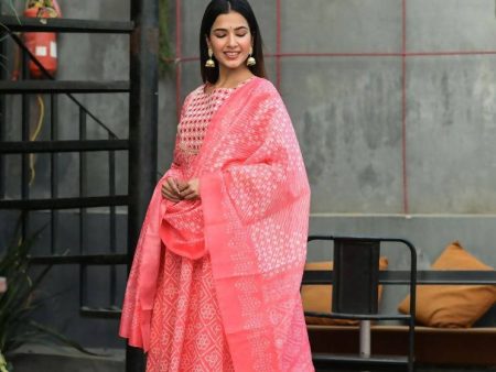 Yufta Women Pink Handblock Printed Kurta with Trouser & Dupatta For Sale