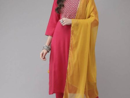 Yufta Women Pink Solid Kurta with Trouser & With Dupatta Discount