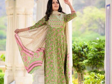 Yufta Women Green Floral Printed Pure Cotton Anarkali Kurta with Trouser and Dupatta Hot on Sale