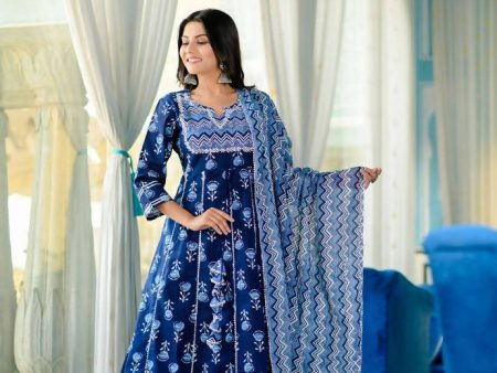 Yufta Women Blue Yoke Design Regular Pure Cotton Kurta with Trouser With Dupatta Fashion